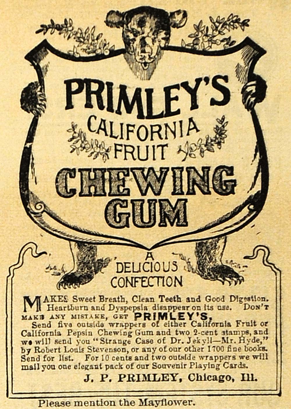 1894 Ad JP Primley California Fruit Chewing Gum Chicago - ORIGINAL MAY1