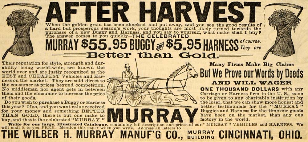 1892 Ad Wilber H Murray Mfg Co Harness Horse Carriages - ORIGINAL MAY1