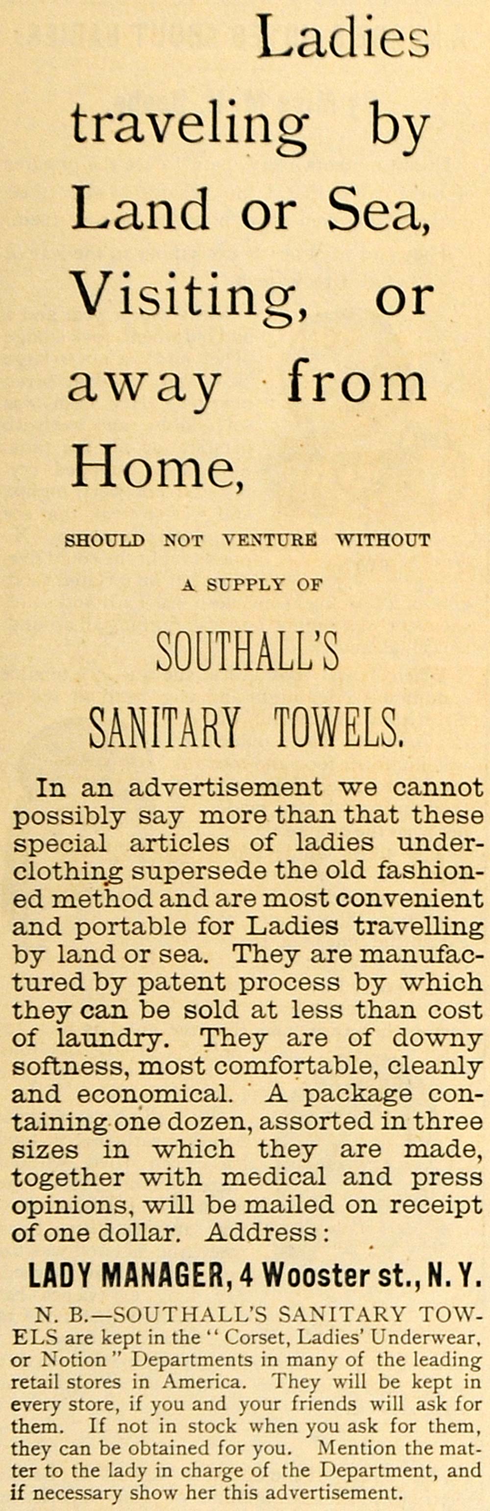 1892 Ad Southall's Sanitary Towels Wooster Street NY - ORIGINAL ADVERTISING MAY1