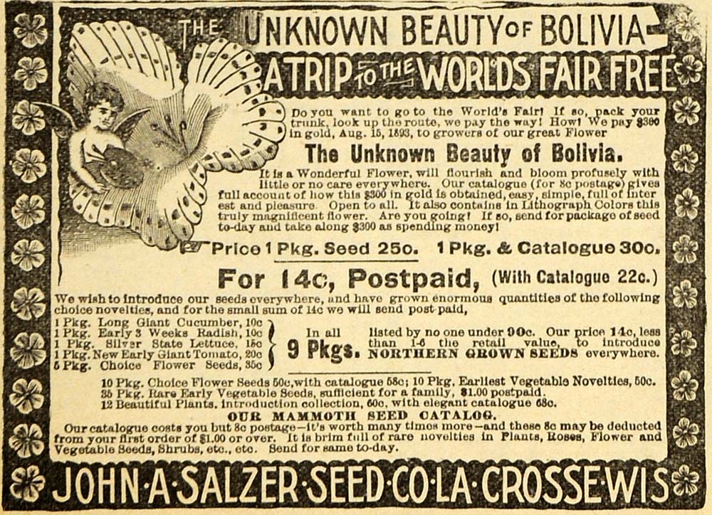 1893 Ad John A Salzer Seed Co Flowers Ornamental Plants - ORIGINAL MAY1
