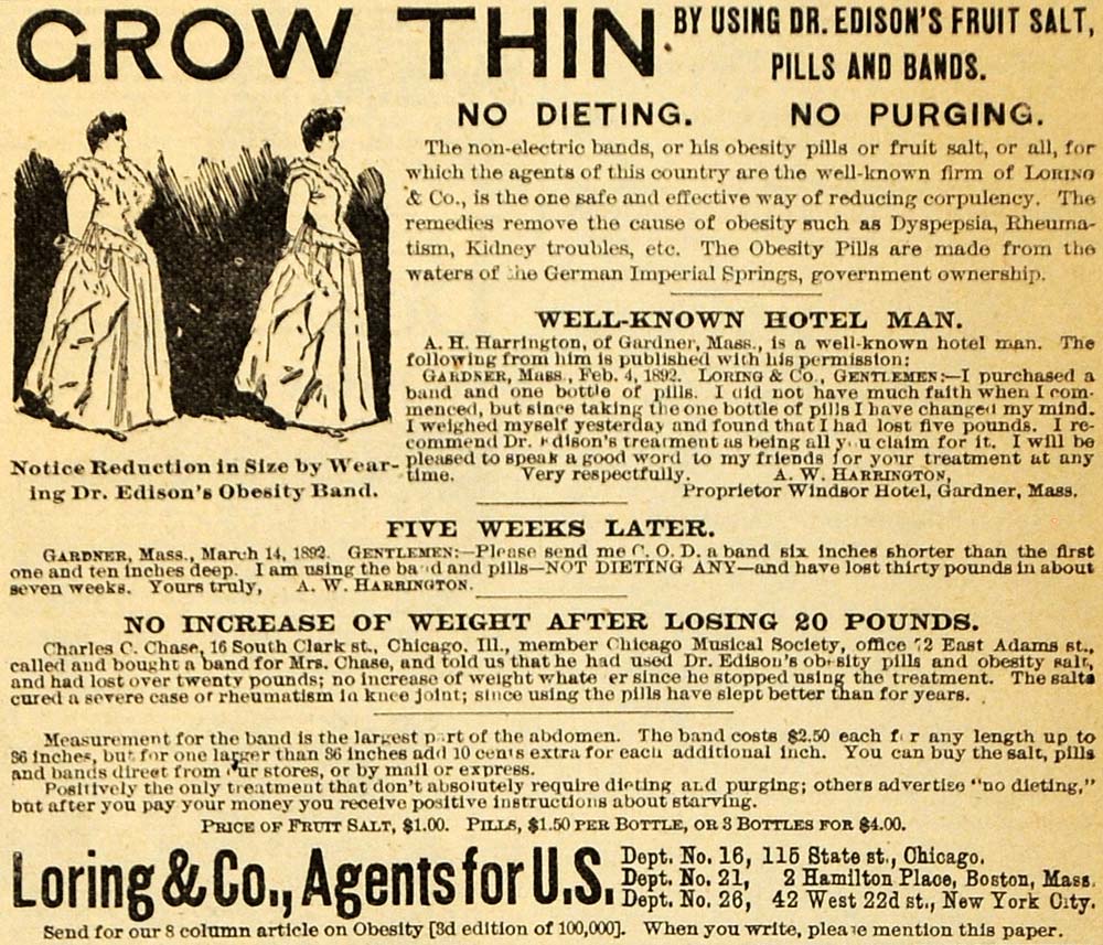 1893 Ad Loring Dr Edison Pill Bands Obesity Treatment - ORIGINAL MAY1 –  Period Paper Historic Art LLC