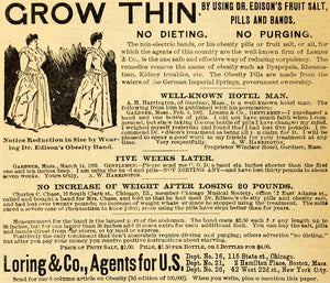 1893 Ad Loring Dr Edison Pill Bands Obesity Treatment - ORIGINAL MAY1