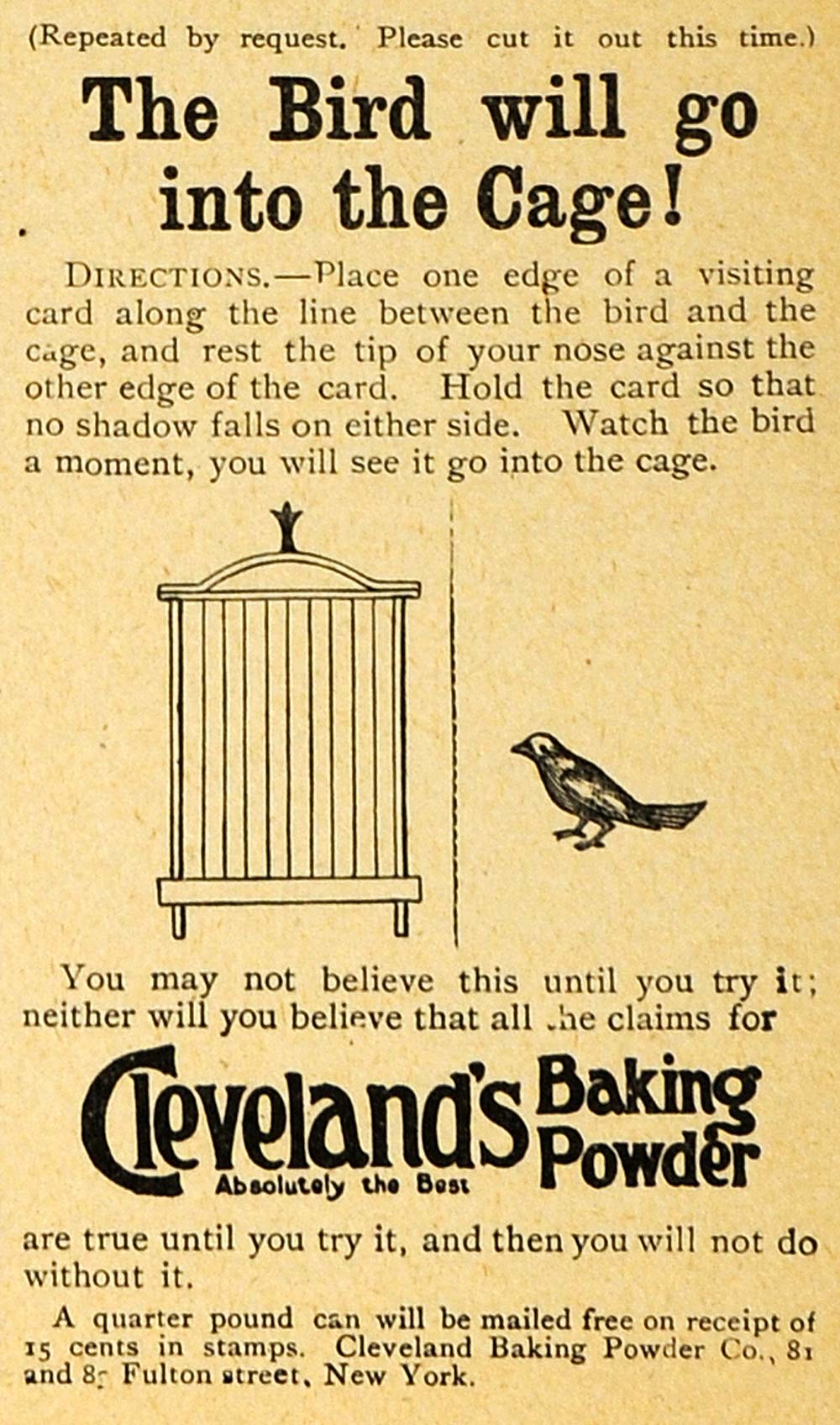 1893 Ad Cleveland Baking Powder Food Product Bird Cage - ORIGINAL MAY1