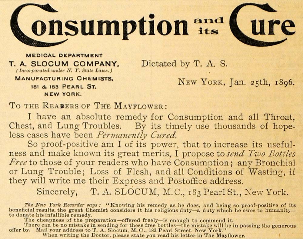 1896 Ad TA Slocum Co. Consumption Throat Lung Remedy - ORIGINAL ADVERTISING MAY1