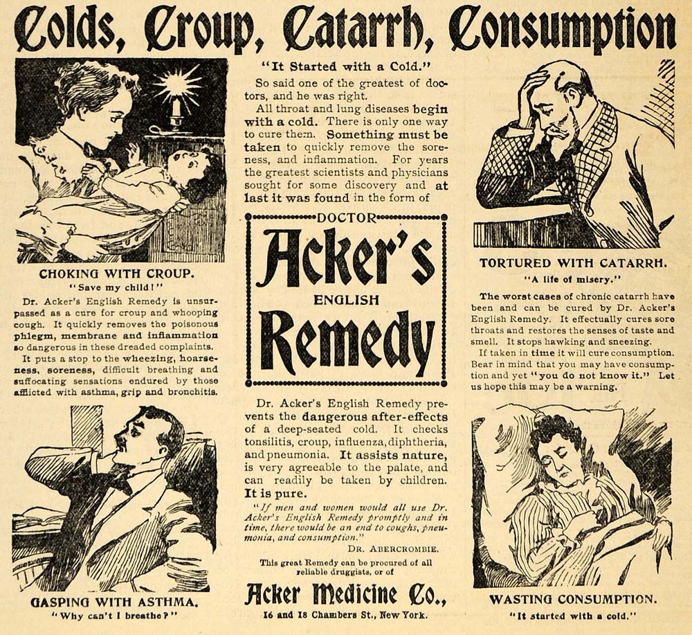 1896 Ad Acker Medicine Co. Cold Catarrh English Remedy - ORIGINAL MAY1