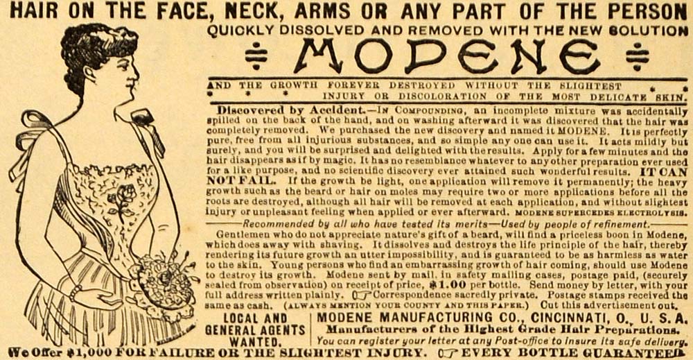 1892 Ad Modene Mfg Co Hair Removal Product Cincinnati - ORIGINAL MAY1
