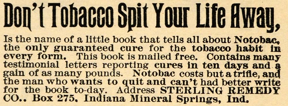 1892 Ad Sterling Remedy Indiana No-To-Bac Quitting Smoking Tobacco MAY1