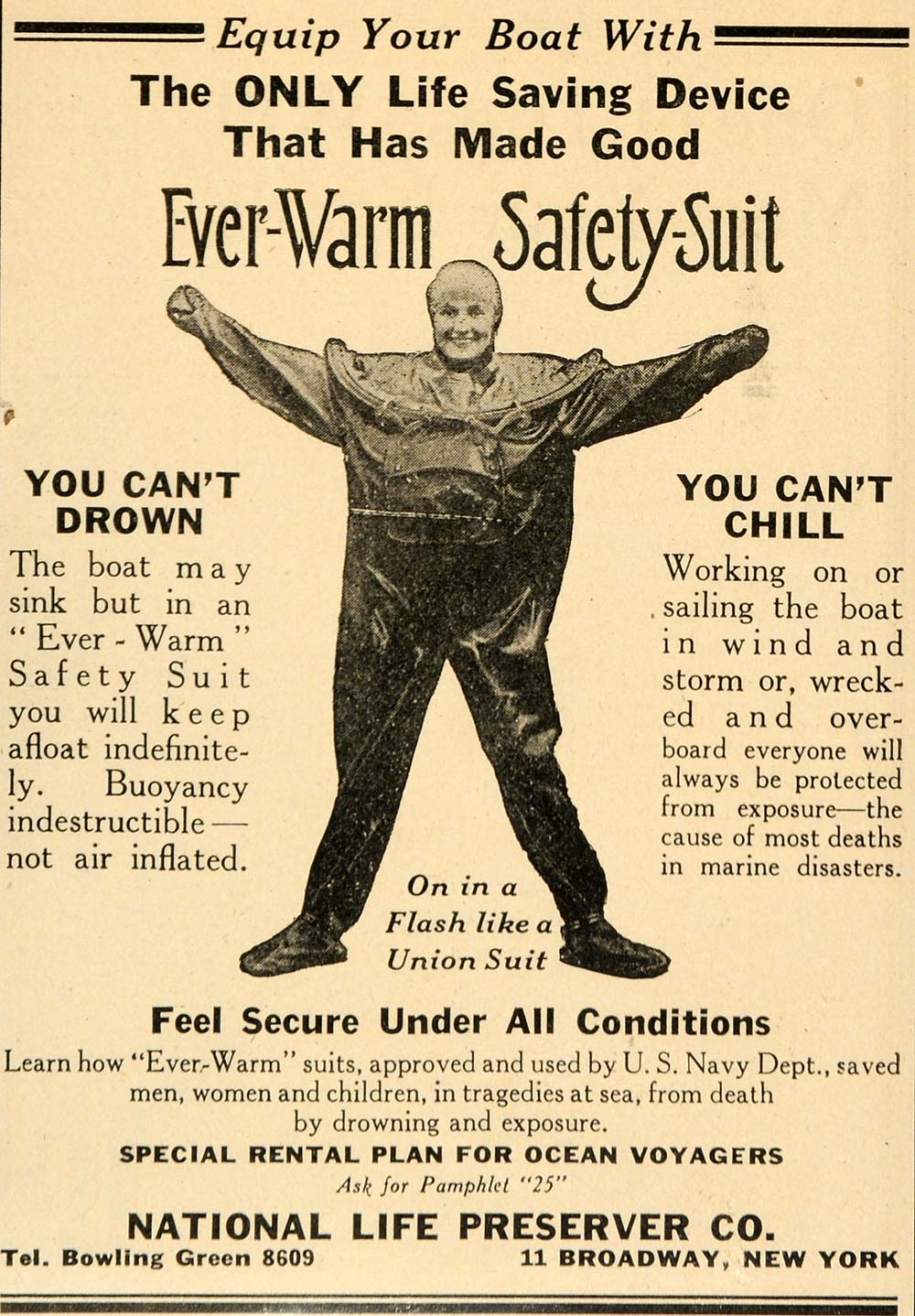 1919 Ad National Life Preserver Ever-Warm Safety-Suit - ORIGINAL ADVERTISING MB1