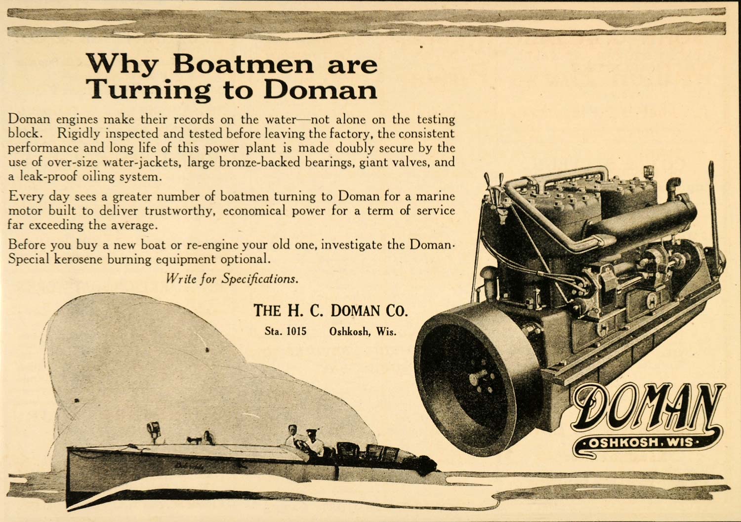 1920 Ad H. C. Doman Boating Engines Oshkosh Wisconsin - ORIGINAL ADVERTISING MB1