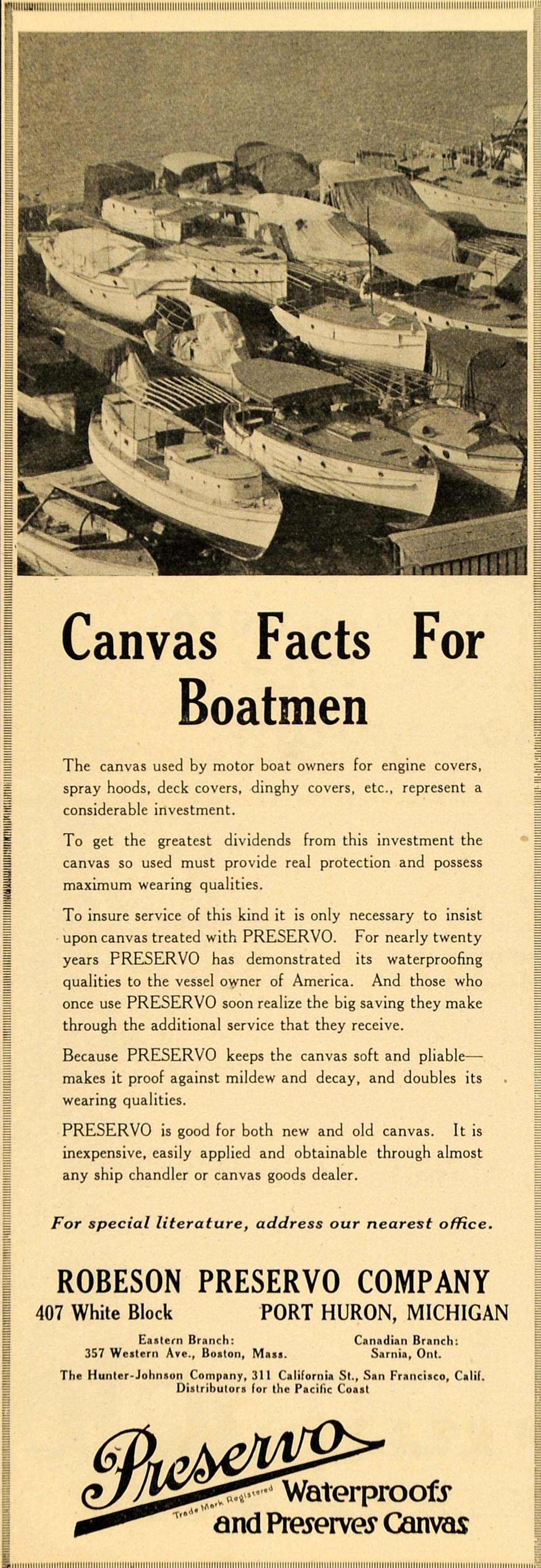 1919 Ad Robeson Preservo Waterproof Canvas Marina Boats - ORIGINAL MB1