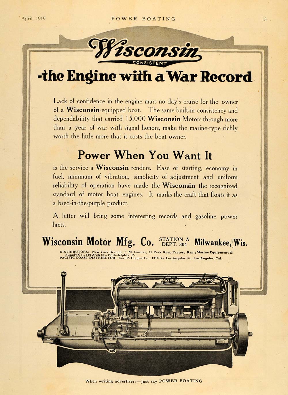 1919 Ad Wisconsin Motor Manufacturing Boating Engine - ORIGINAL ADVERTISING MB1