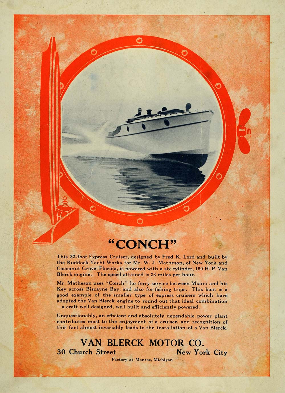 1919 Ad Van Blerck Motor Conch Cruiser Fred K. Lord - ORIGINAL ADVERTISING MB1