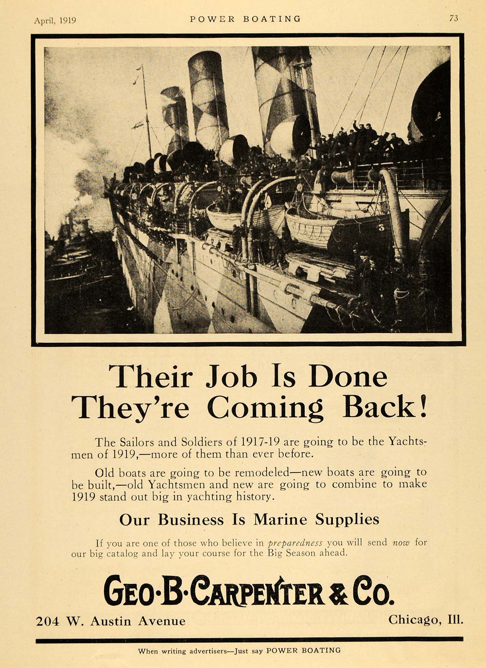 1919 Ad Geo. B. Carpenter Marine Supply Yachtsmen Liner - ORIGINAL MB1