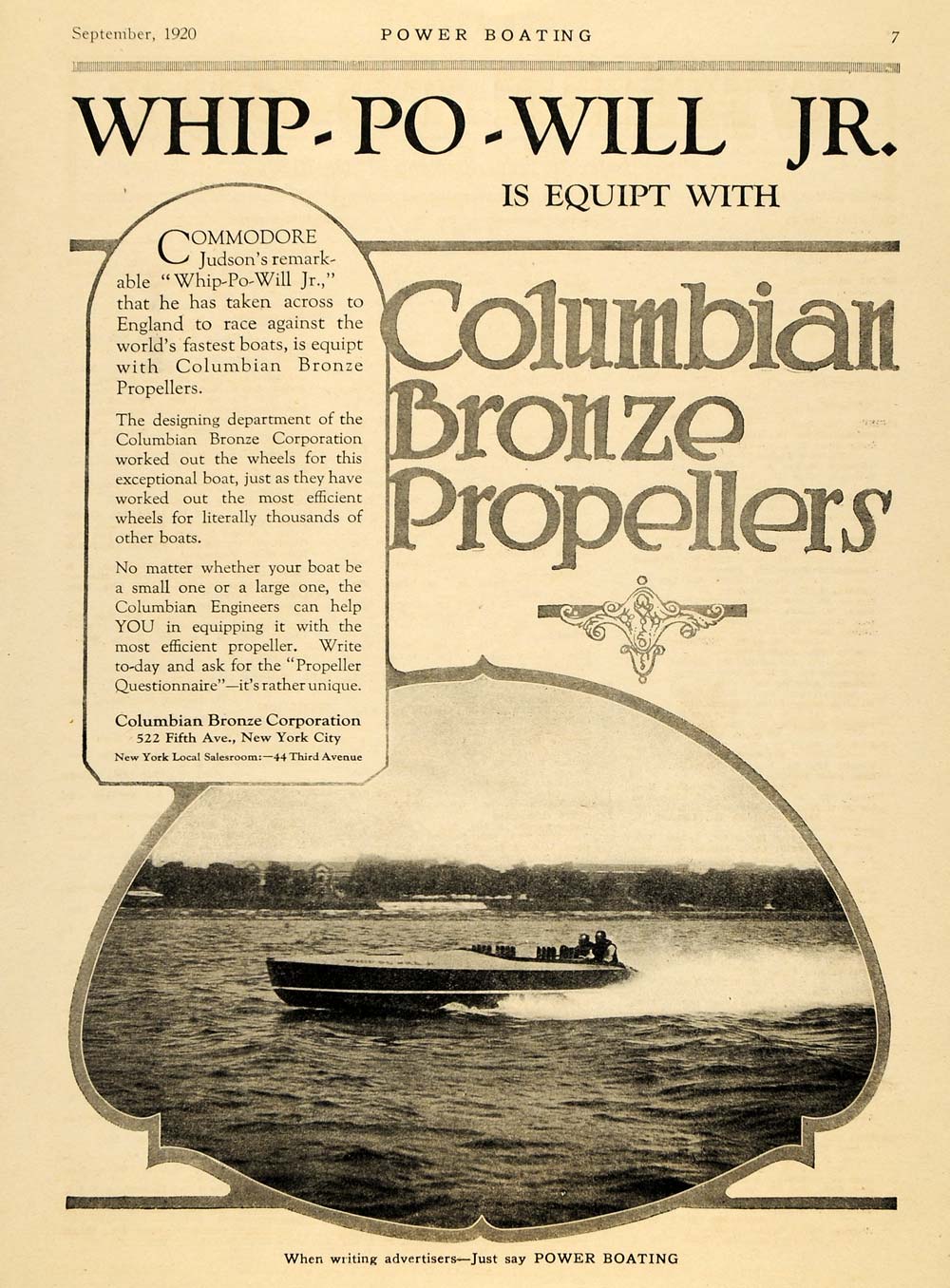 1920 Ad Columbian Bronze Propellers Whip-Po-Will Boat - ORIGINAL ADVERTISING MB1