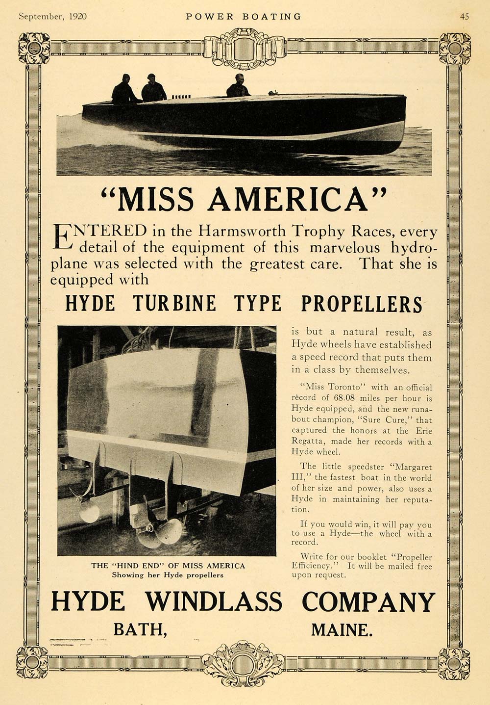 1920 Ad Hyde Windlass Turbine Propeller Miss America - ORIGINAL ADVERTISING MB1