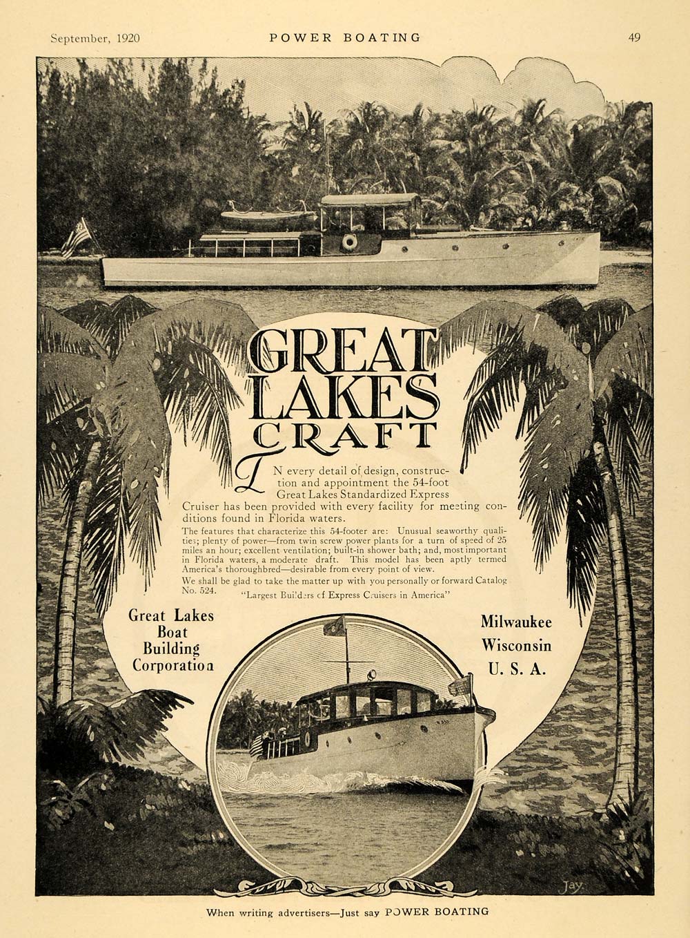1920 Ad Great Lakes Boat Building Cruiser Florida Palm - ORIGINAL MB1