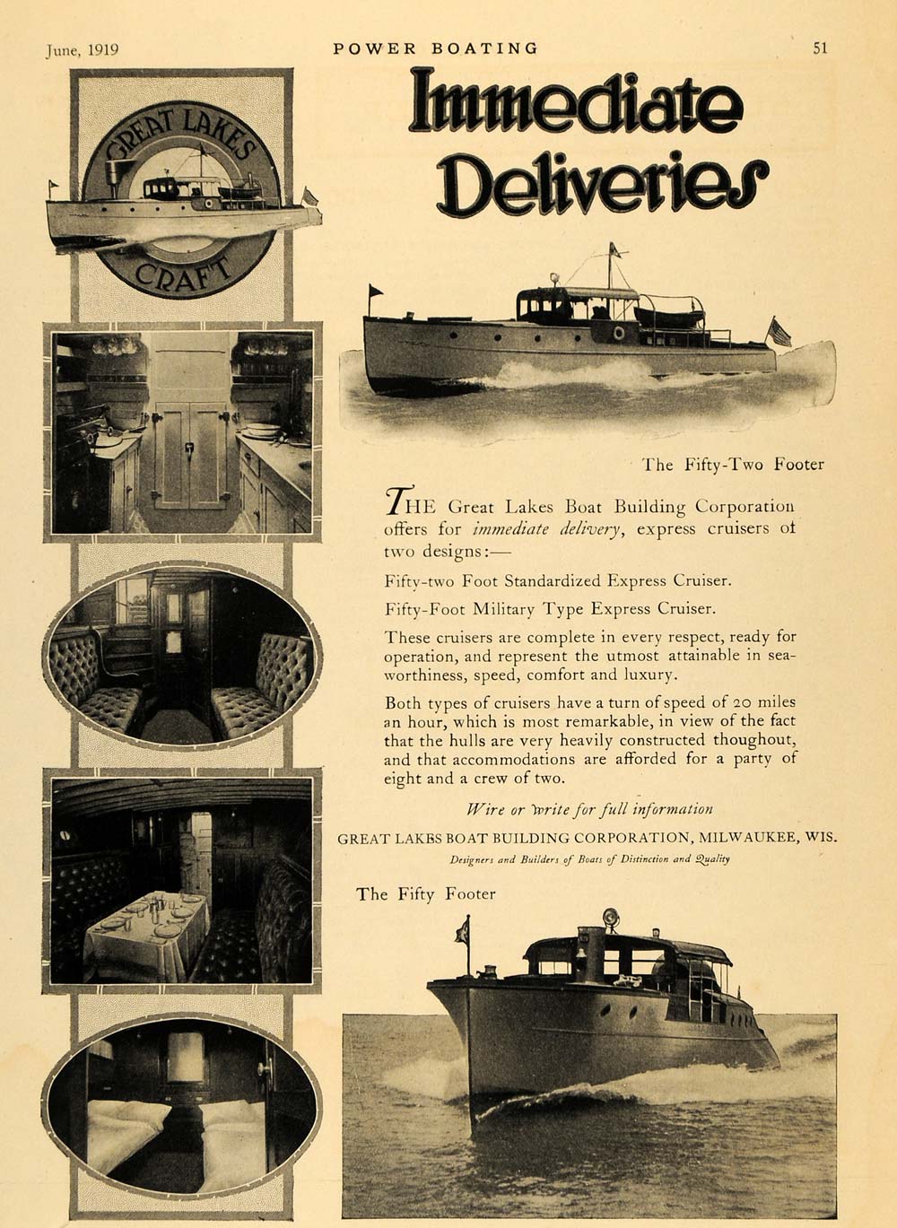1919 Ad Great Lakes Boats Standardized Military Cruiser - ORIGINAL MB1