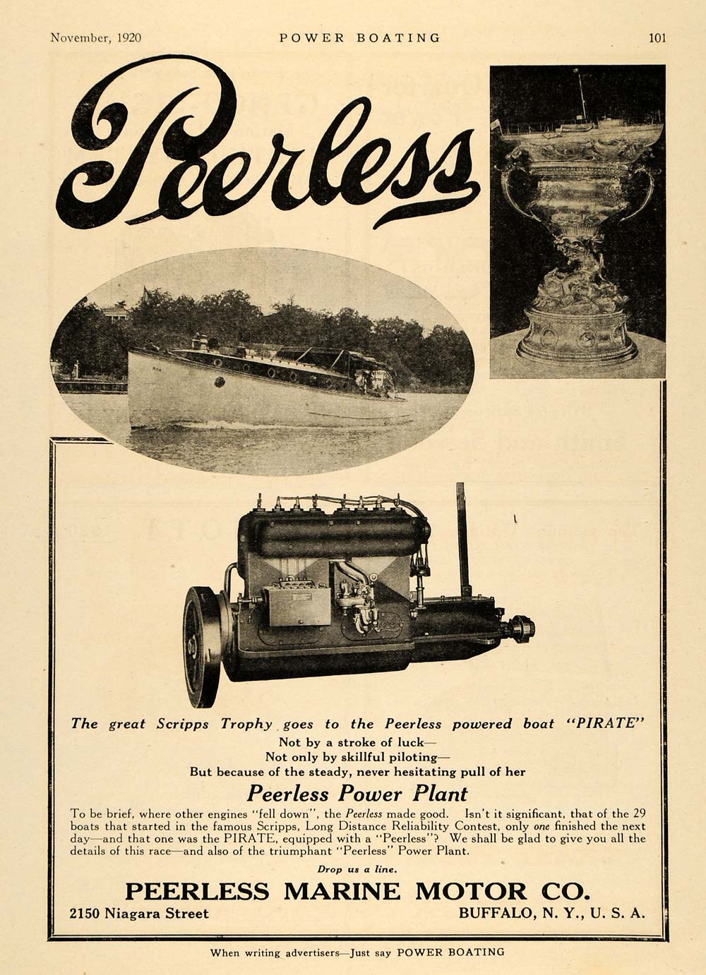 1920 Ad Peerless Marine Motors Pirate Scripps Trophy - ORIGINAL ADVERTISING MB1