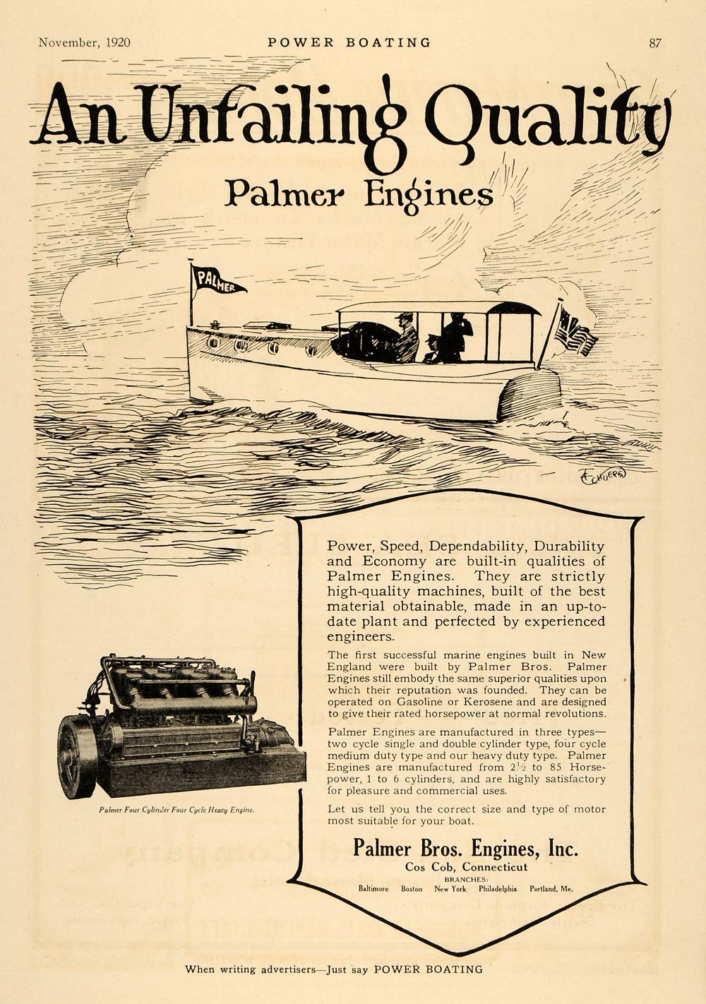 1920 Ad Palmer Bros. Boat Engines Four Cylinder Cos Cob - ORIGINAL MB1