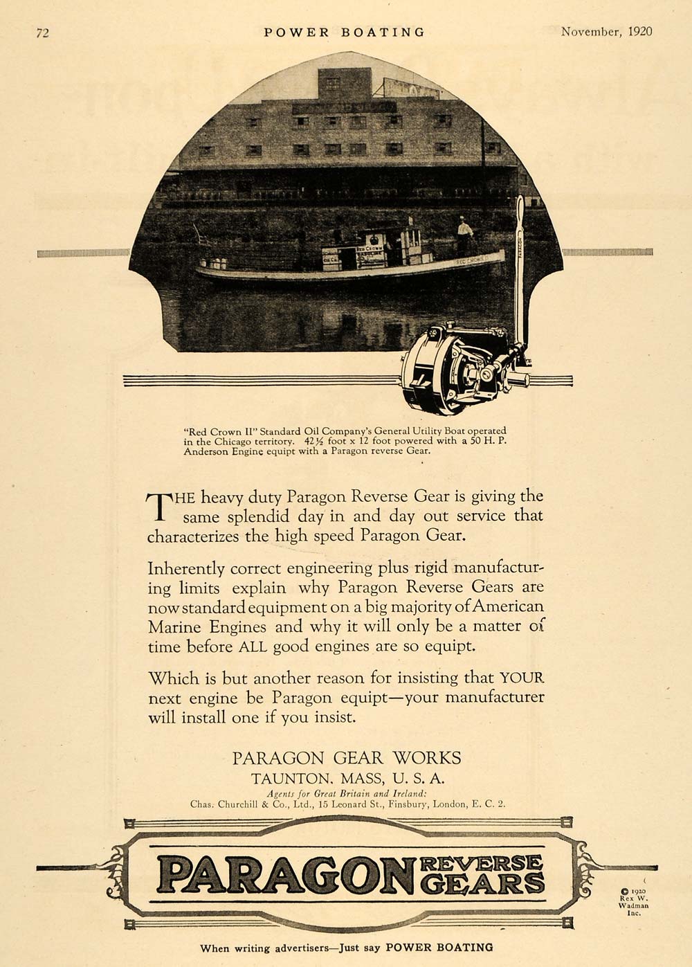 1920 Ad Paragon Gear Works Red Crown II Standard Oil - ORIGINAL ADVERTISING MB1