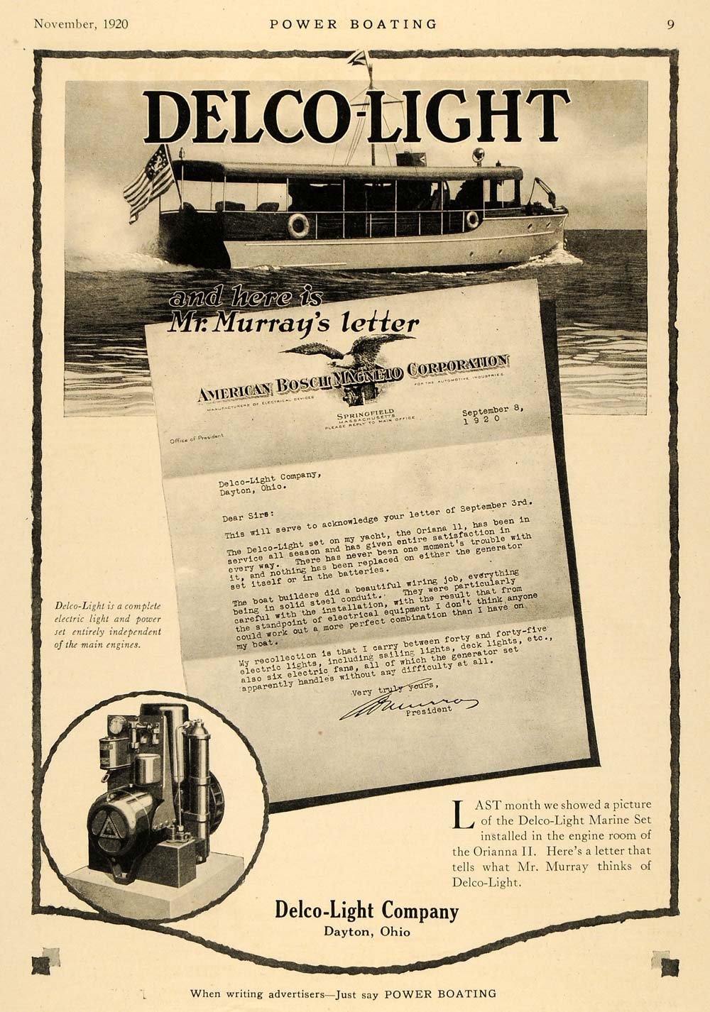 1920 Ad Delco-Light Electric Oriana II Murray Yacht - ORIGINAL ADVERTISING MB1