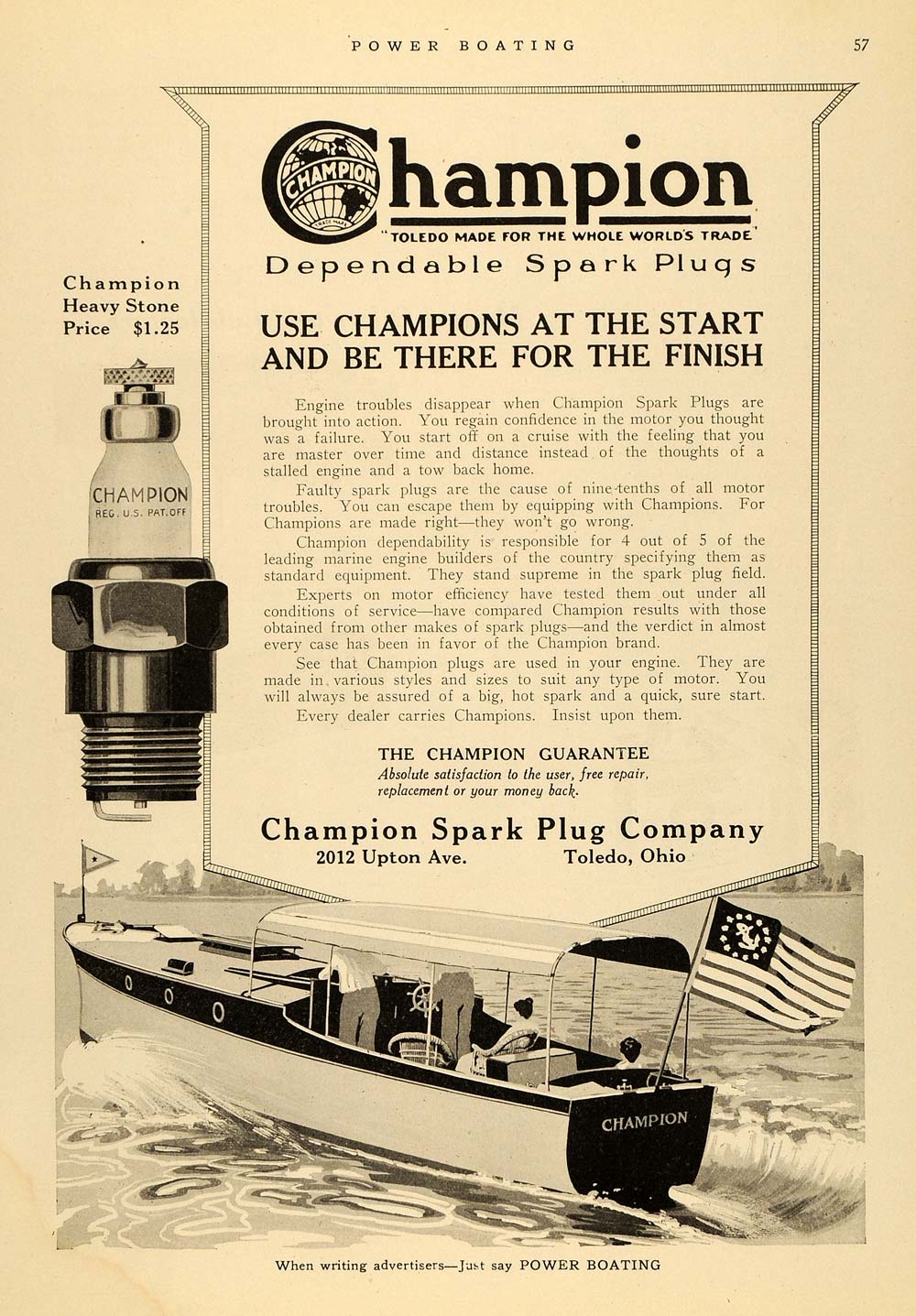 1916 Ad Champion Spark Plugs Boating Heavy Stone Toldeo - ORIGINAL MB1