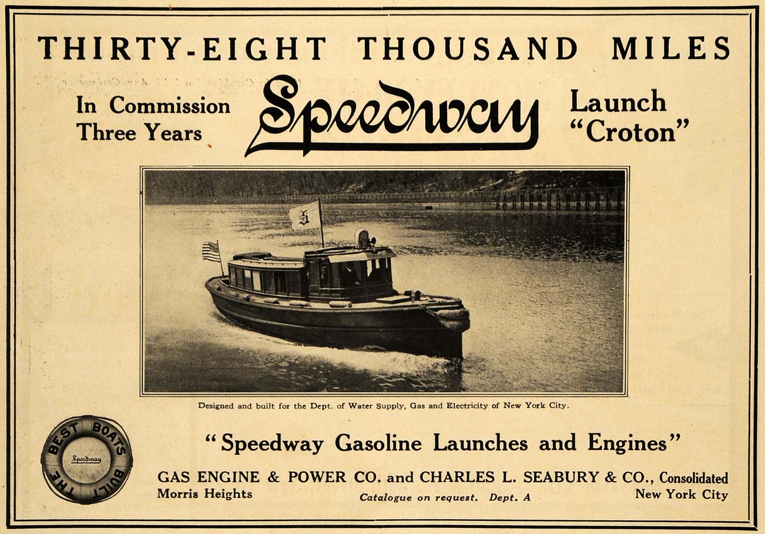 1913 Ad Speedway Launch Croton Boat Water Supply Dept - ORIGINAL ADVERTISING MB2