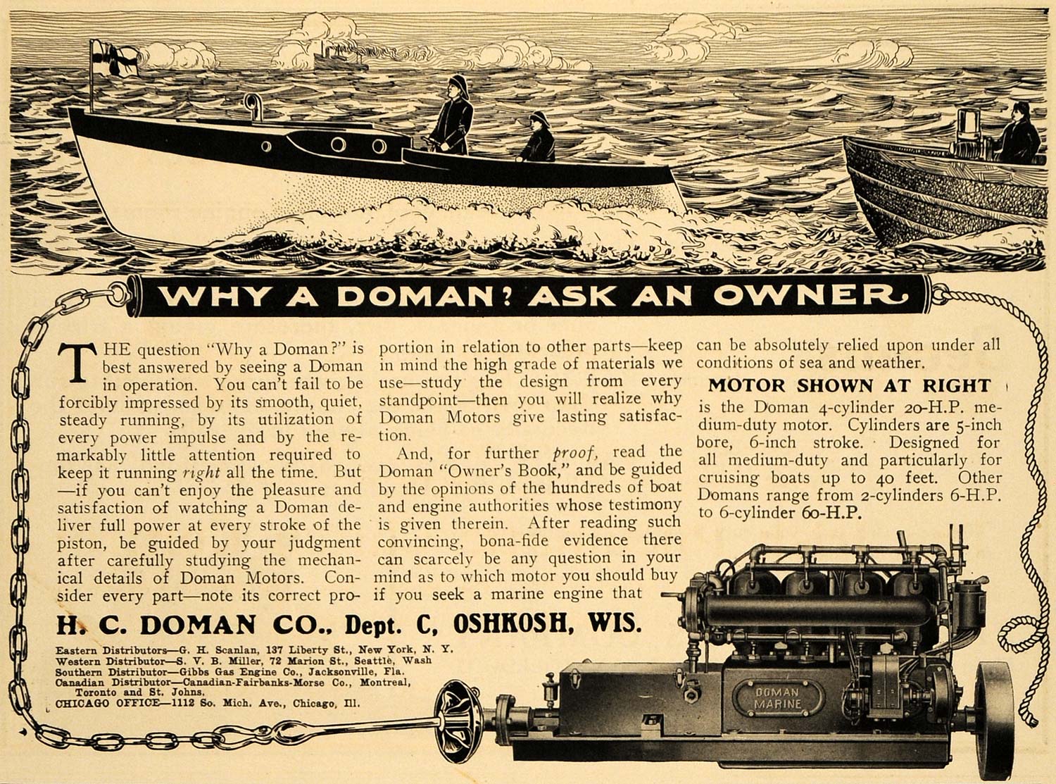 1913 Ad H. C. Doman Boat Engines Oshkosh Wisconsin - ORIGINAL ADVERTISING MB2