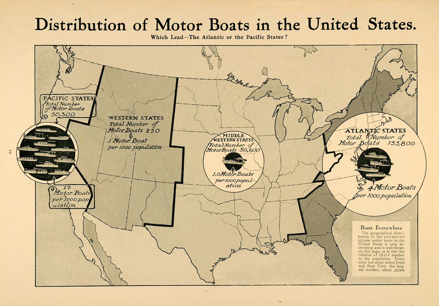 1913 Print United States Motor Boat Distribution Map - ORIGINAL HISTORIC MB2