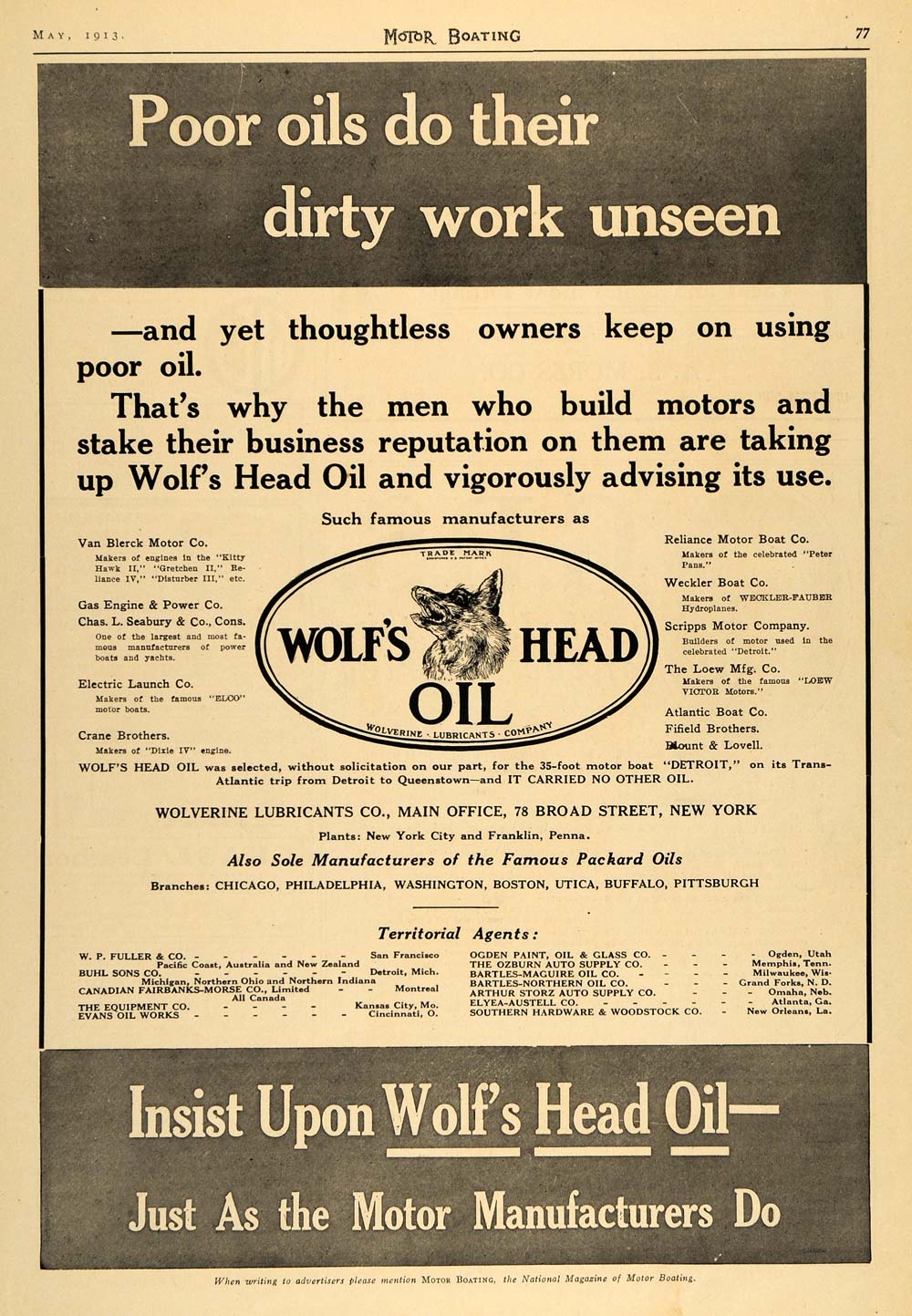 1913 Ad Wolf's Head Motor Boat Oil Wolverine Lubricants - ORIGINAL MB2
