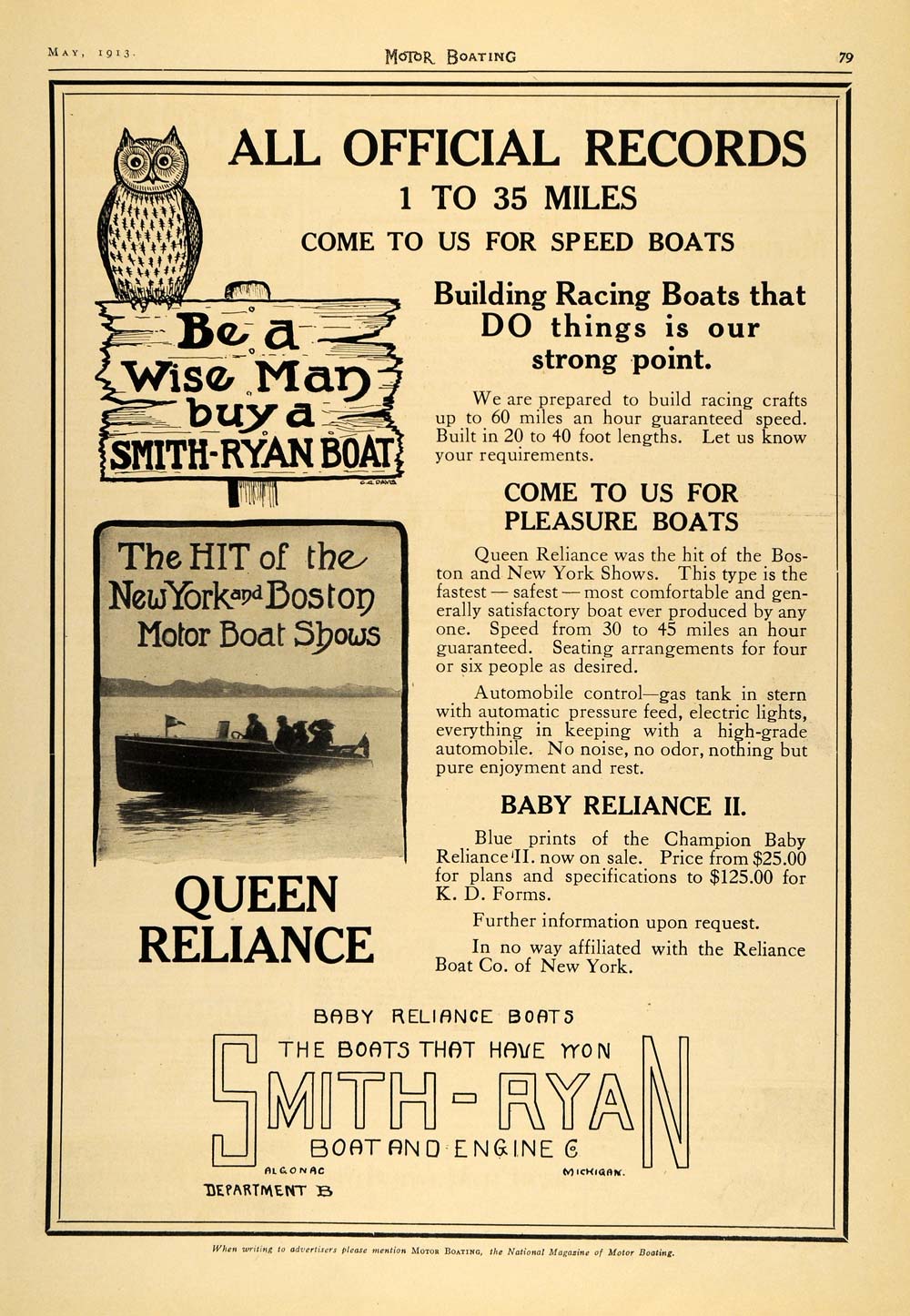 1913 Ad Smith Ryan Queen & Baby 2 Reliance Boat Pricing - ORIGINAL MB2