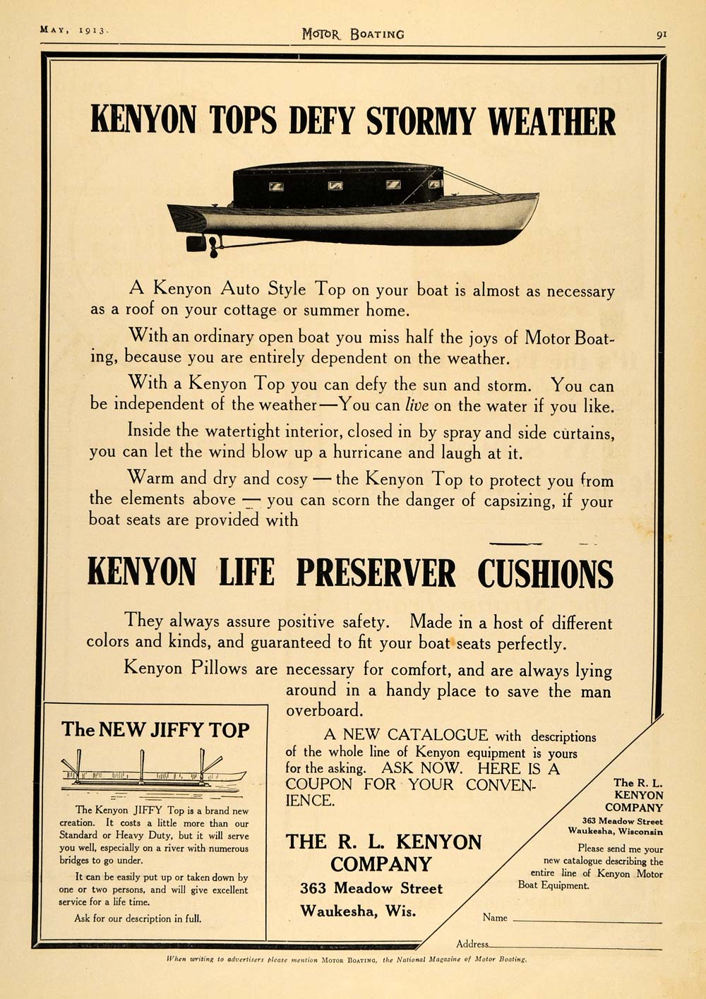 1913 Ad Kenyon Boat Tops Life Preserver Cushions Pillow - ORIGINAL MB2