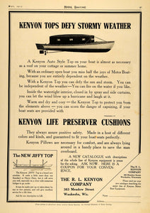 1913 Ad Kenyon Boat Tops Life Preserver Cushions Pillow - ORIGINAL MB2