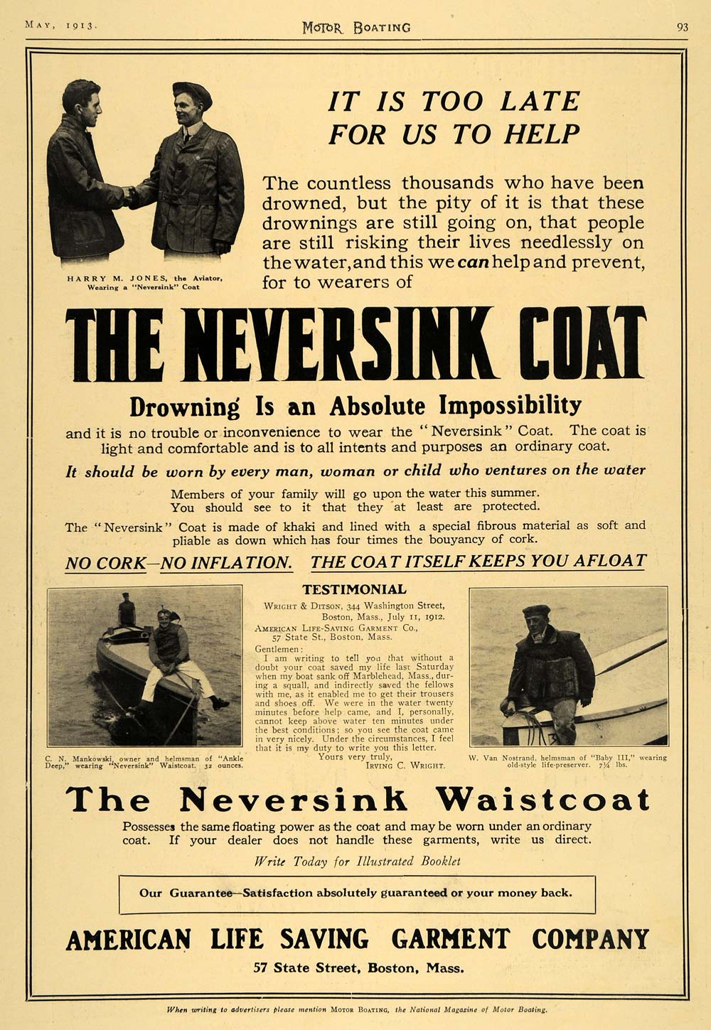 1913 Ad Neversink Waistcoat Drown Life Saving Garment - ORIGINAL ADVERTISING MB2