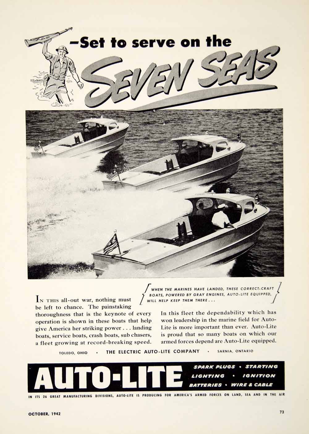 1942 Ad Autolite Electric Spark Plug Battery Ignition WWII Marine Boat MB3