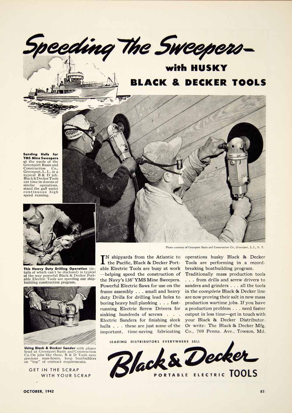 1942 Ad Black Decker Electric Tools Sander Drill Mine Sweeper WWII Hus –  Period Paper Historic Art LLC