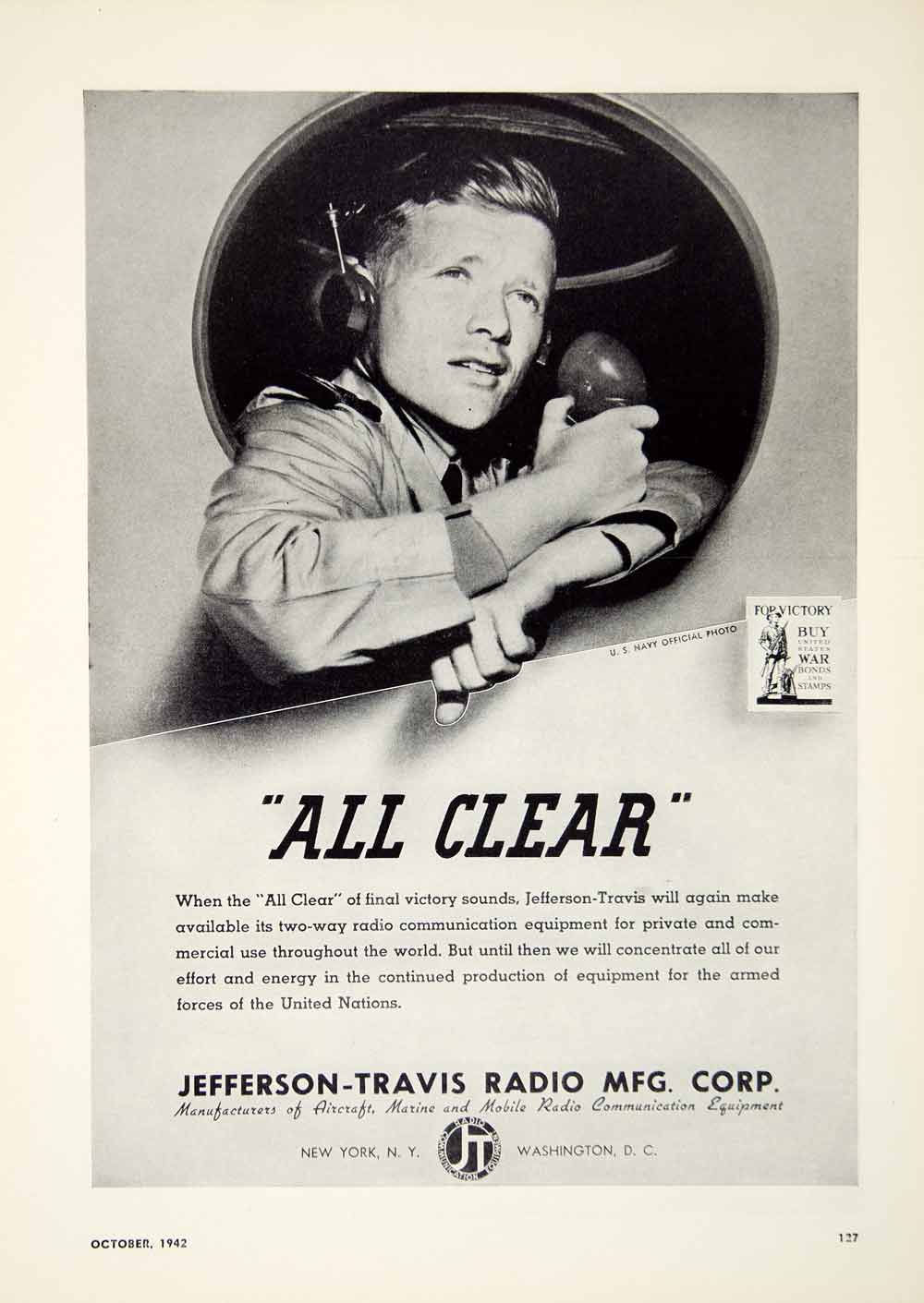 1942 Ad Jefferson Travis Radio Communication Navy WWII Clear Victory Man MB3