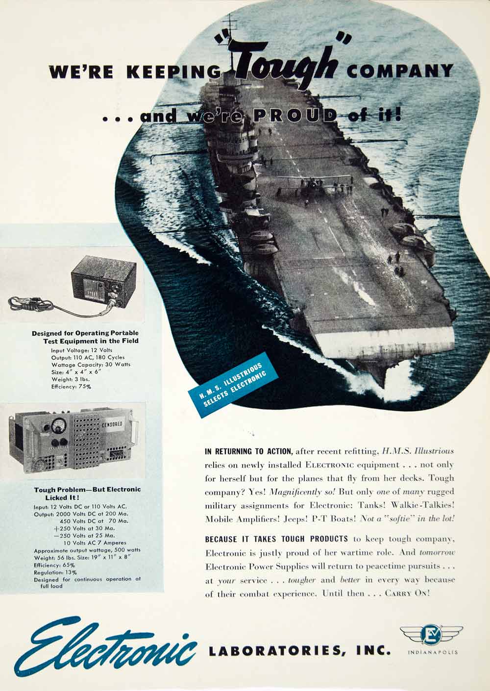 1942 Ad Electronic Laboratories Carrier Radio Illustrious Tough WWII Navy MB3