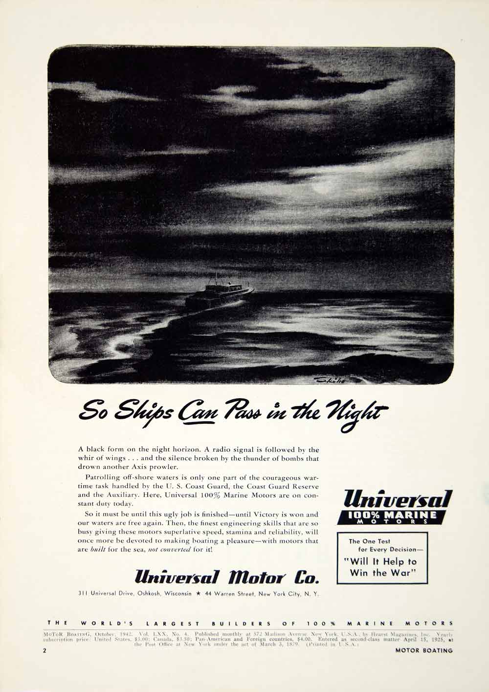1942 Ad Universal Motor Boat Ship Marine Navy WWII Coast Guard Night Victory MB3