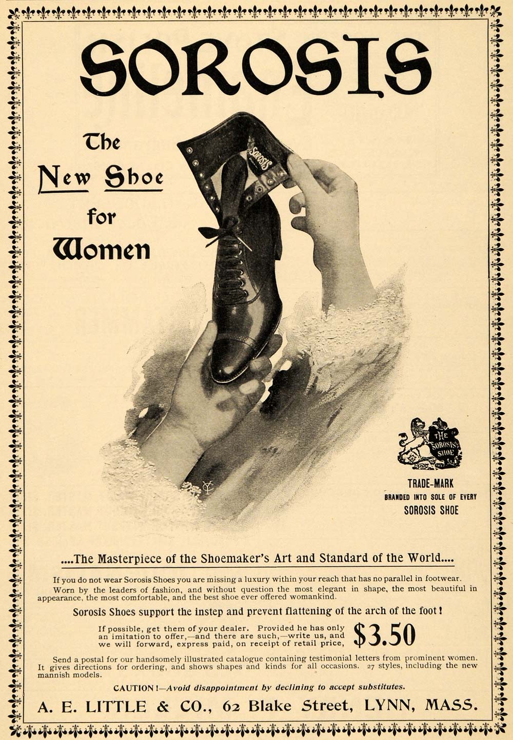 1898 Ad Sorosis Women Shoe Lynn Sole Massachusetts Foot - ORIGINAL MCC1