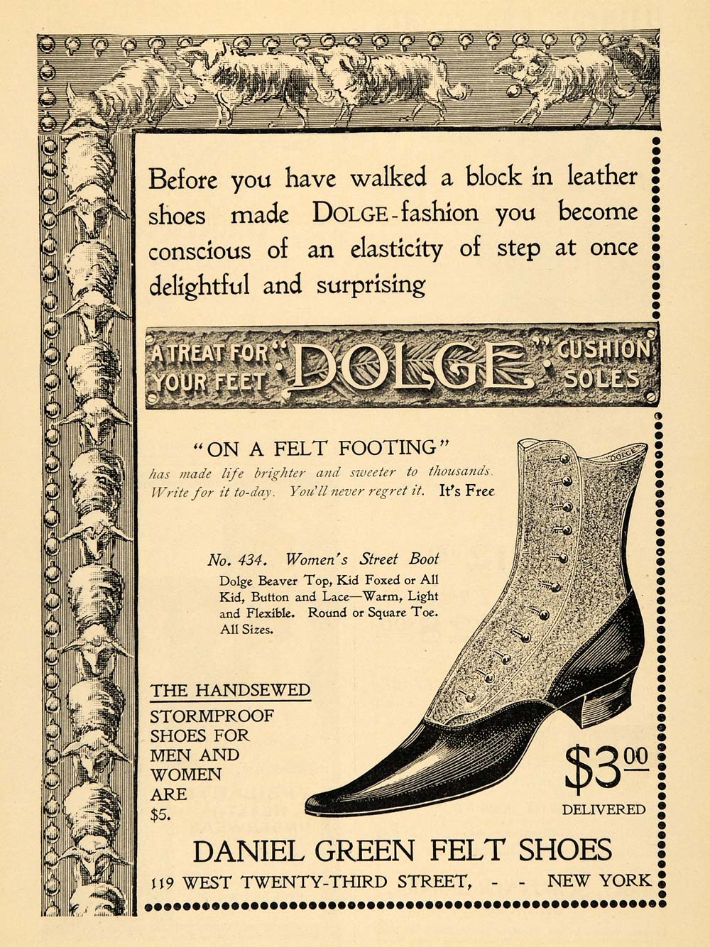 1898 Ad Daniel Green Felt Shoes Sheep Women Boot Dolge - ORIGINAL MCC1