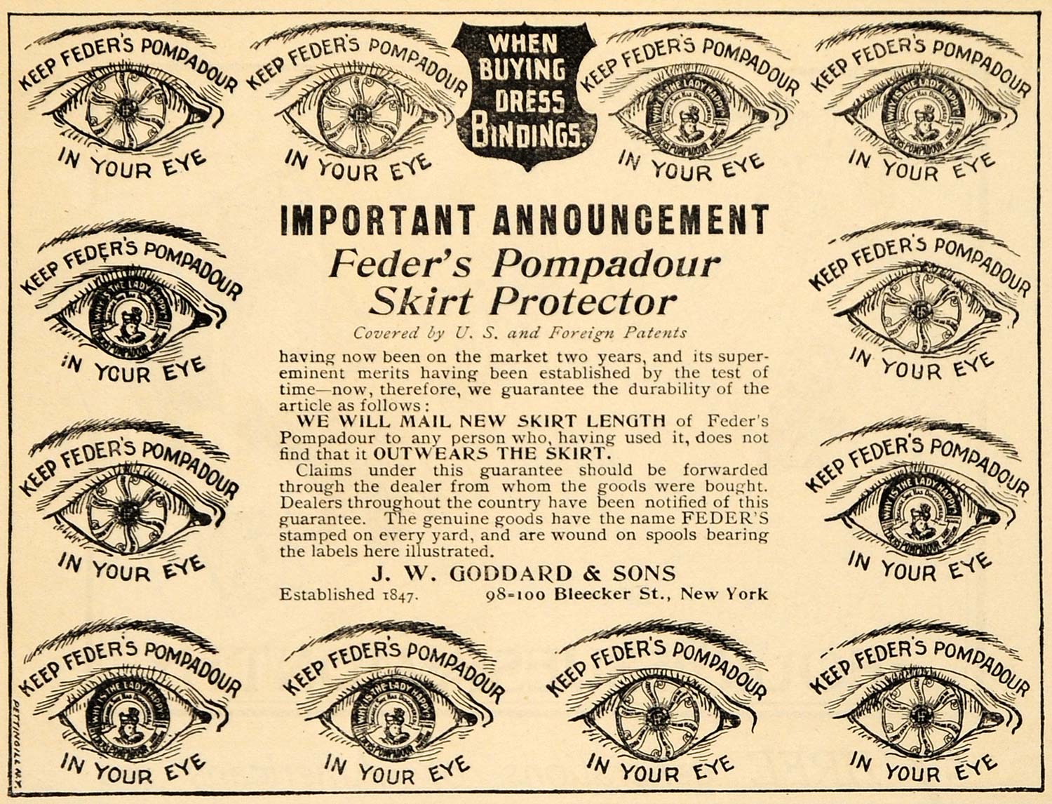 1898 Ad Feder's Pompadour Skirt Protector Goddard Stamp - ORIGINAL MCC1