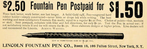 1898 Ad Lincoln Fountain Pen Writing 14K Gold Fulton - ORIGINAL ADVERTISING MCC1