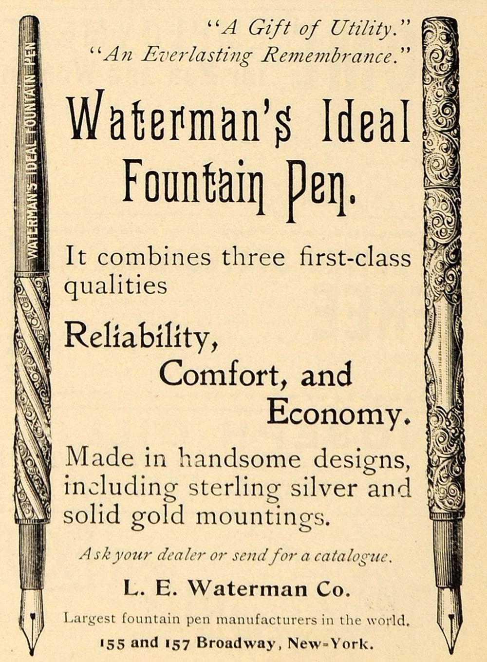 1898 Ad Waterman's Fountain Pen Writing Typing Silver - ORIGINAL MCC1