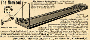 1898 Ad Norwood Parlor Ten Pin Alley Game Bowling Toy - ORIGINAL MCC1