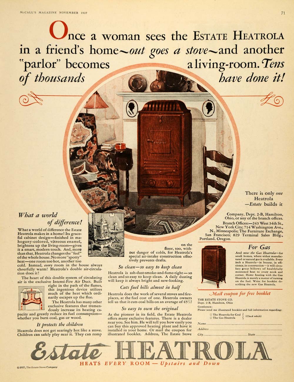 1927 Ad Estate Stove Co. Gas Heatrola Heater Appliance ORIGINAL MCC2