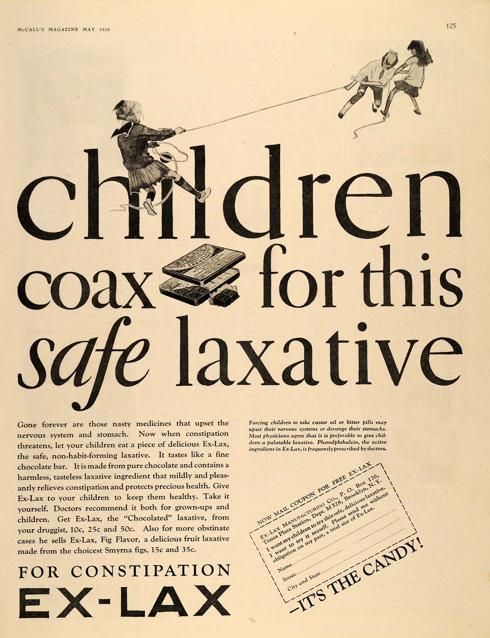 1928 Ad Ex-Lax Mfg. Children Laxative Chocolate Bar - ORIGINAL ADVERTISING MCC2