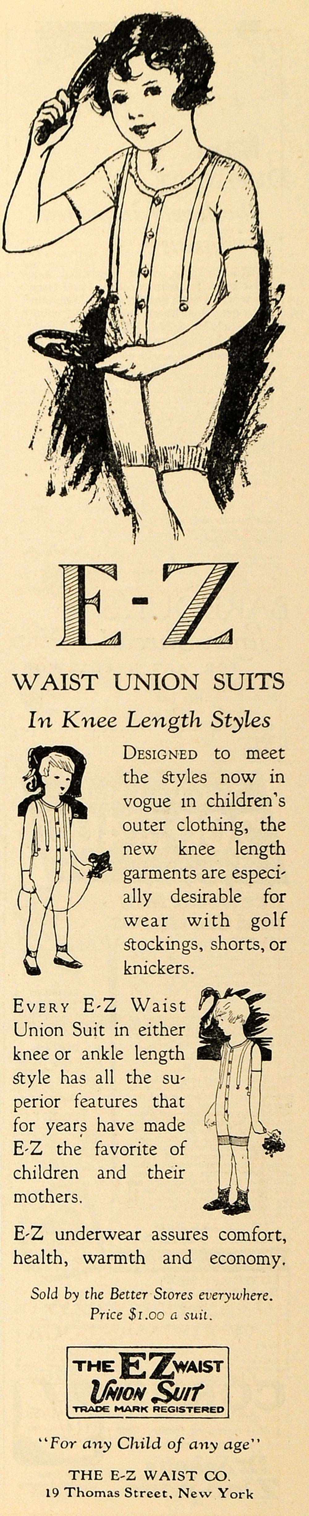1927 Ad E-Z Waist Co Union Suits Children Underwear - ORIGINAL ADVERTISING MCC2