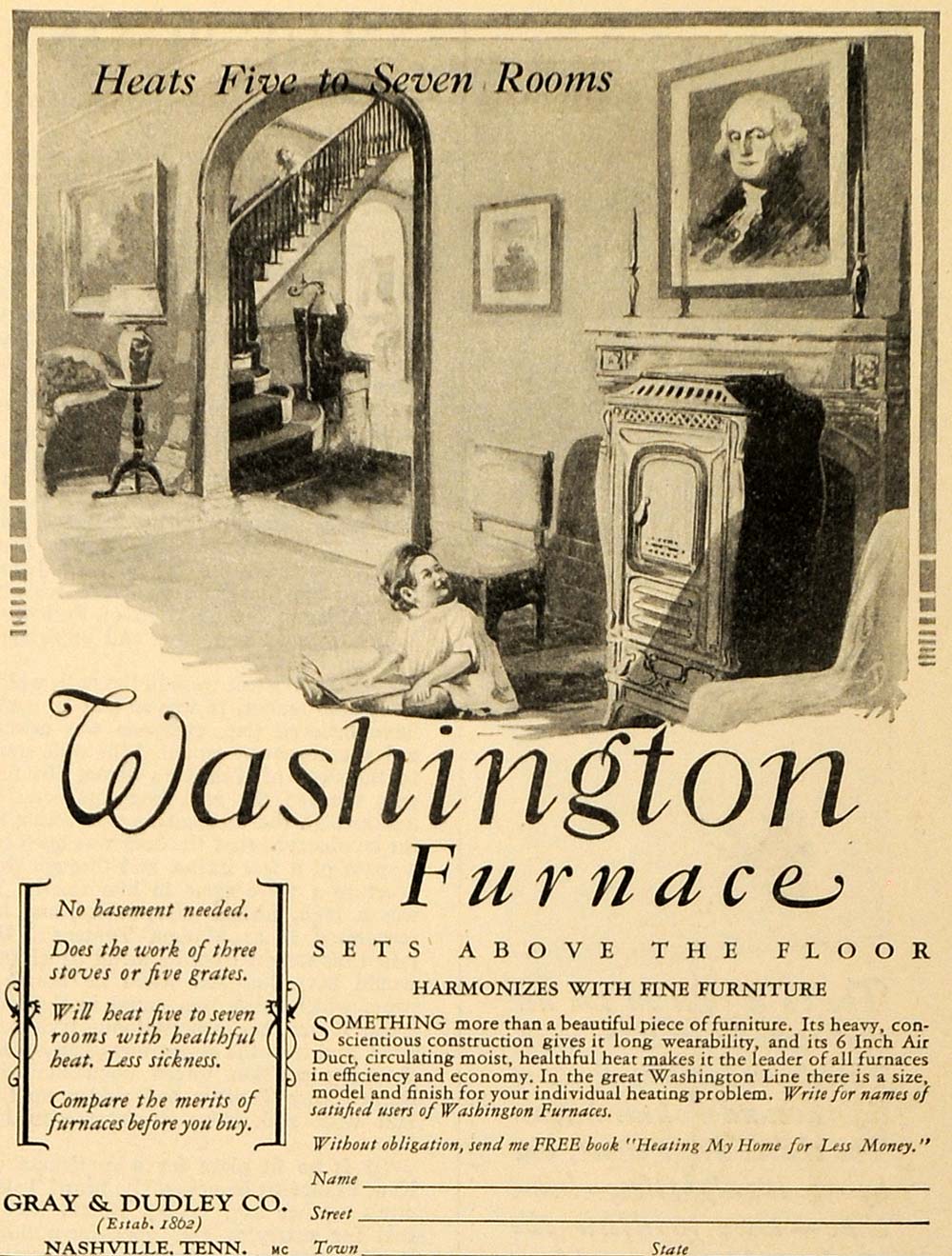 1927 Ad Gray & Dudley Co. Washington Furnace Furniture - ORIGINAL MCC2