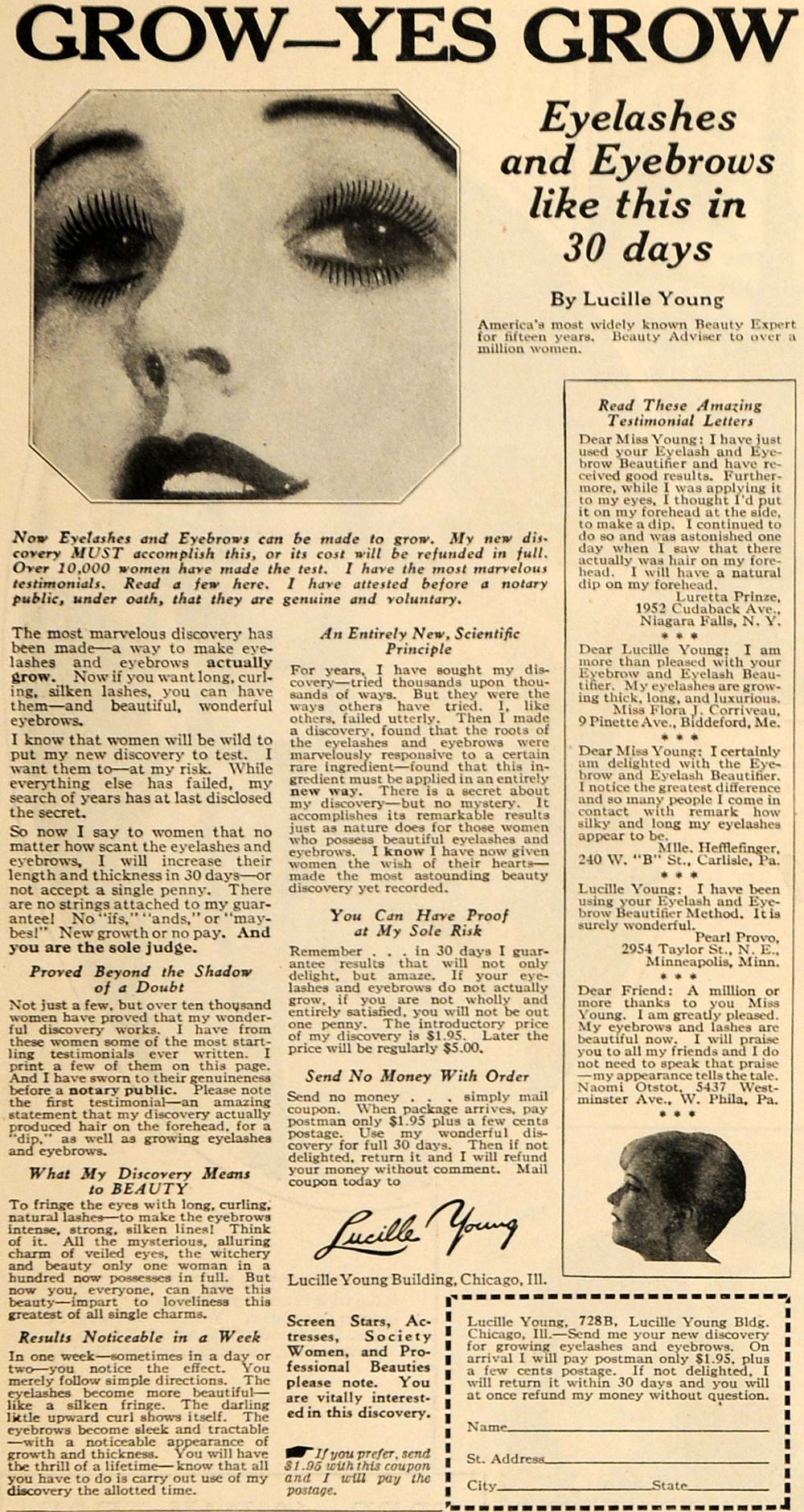 1927 Ad Lucille Young Eyelash & Eyebrow Beautifier IL - ORIGINAL MCC2